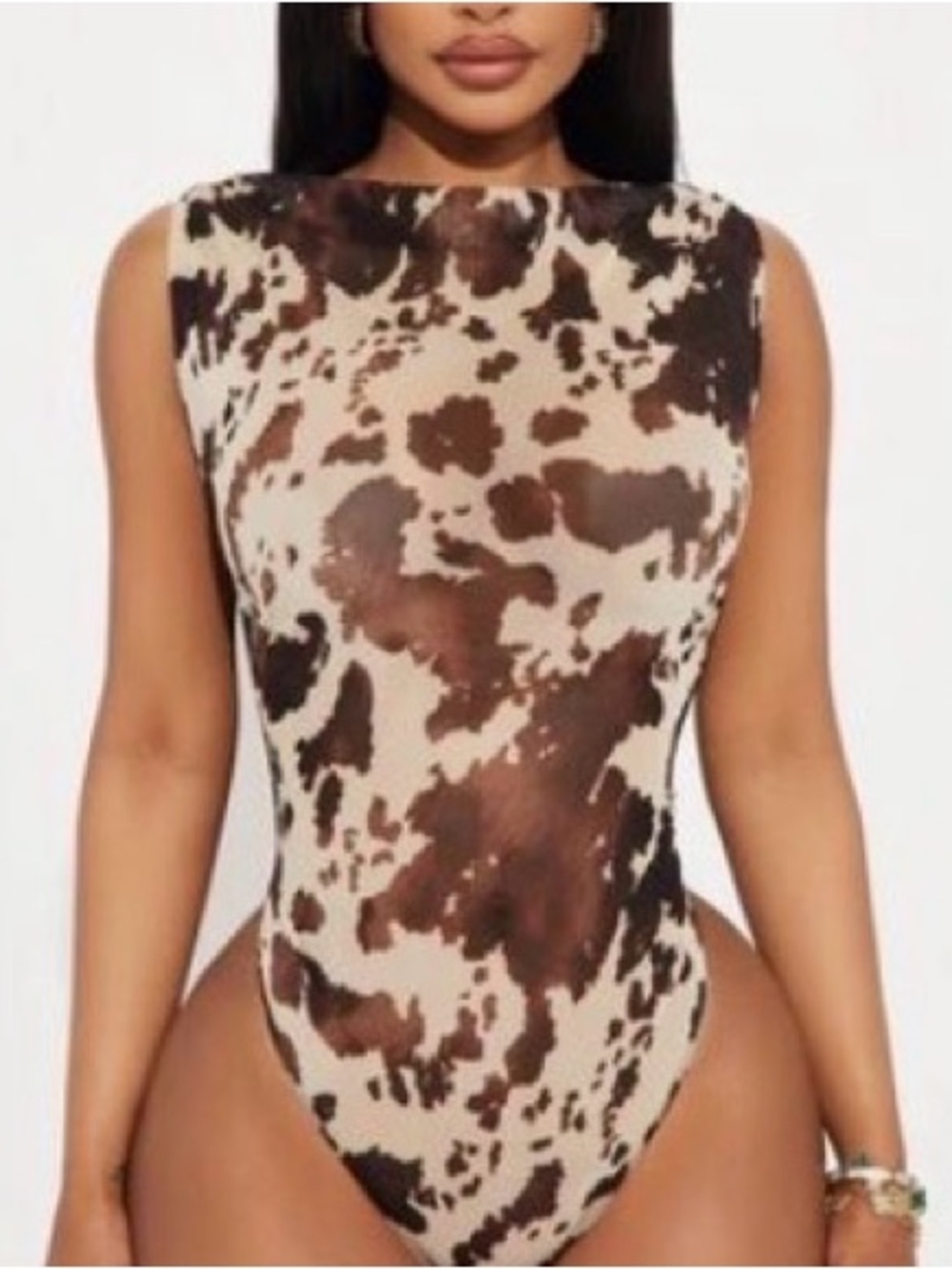 Fashion Nova Brown and Cream Cow Print Bodysuit